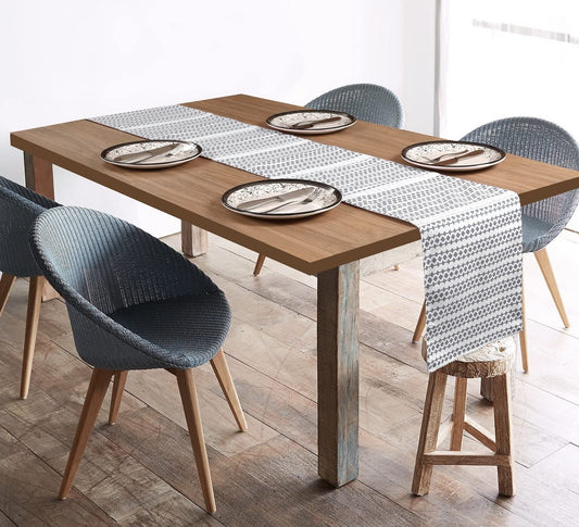 Cotton Table Runner Grey Printed | 90x13.5" Heat-Resistant for 8-Seater