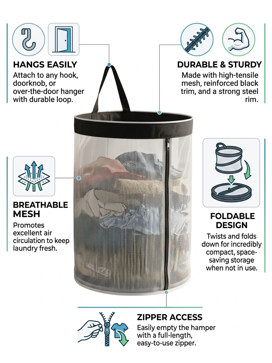 NWF Hanging Mesh Laundry Bag with Side Zipper, 100L Large Capacity Breathable Hamper, Polyester Mesh with Cotton Base & Strong Handles, Foldable Wall/Door Laundry Bag (18” Dia × 24” Height)