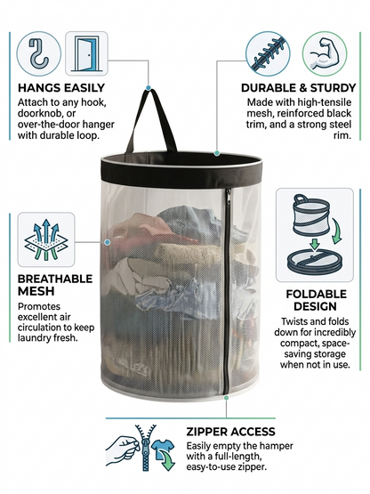 NWF Hanging Mesh Laundry Bag with Side Zipper, 100L Large Capacity Breathable Hamper, Polyester Mesh with Cotton Base & Strong Handles, Foldable Wall/Door Laundry Bag (18” Dia × 24” Height)