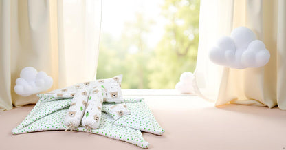 Baby Bedding Set Brown Teddy Green Tree | 100% Cotton Mattress & Bolsters