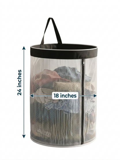 NWF Hanging Mesh Laundry Bag with Side Zipper, 100L Large Capacity Breathable Hamper, Polyester Mesh with Cotton Base & Strong Handles, Foldable Wall/Door Laundry Bag (18” Dia × 24” Height)
