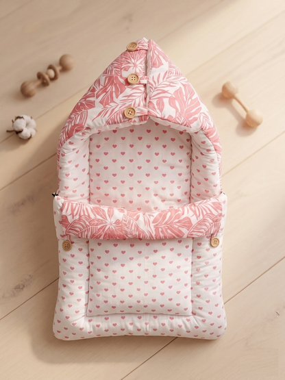 NWF 3 in 1 Baby Carry Nest & Sleeping Bag for Newborn Baby | 100% Cotton Portable Baby Bedding Set with Hood & Zip | Ultra Soft, Travel Friendly & Skin Friendly | 0-12 Months | Pink Leaf Print