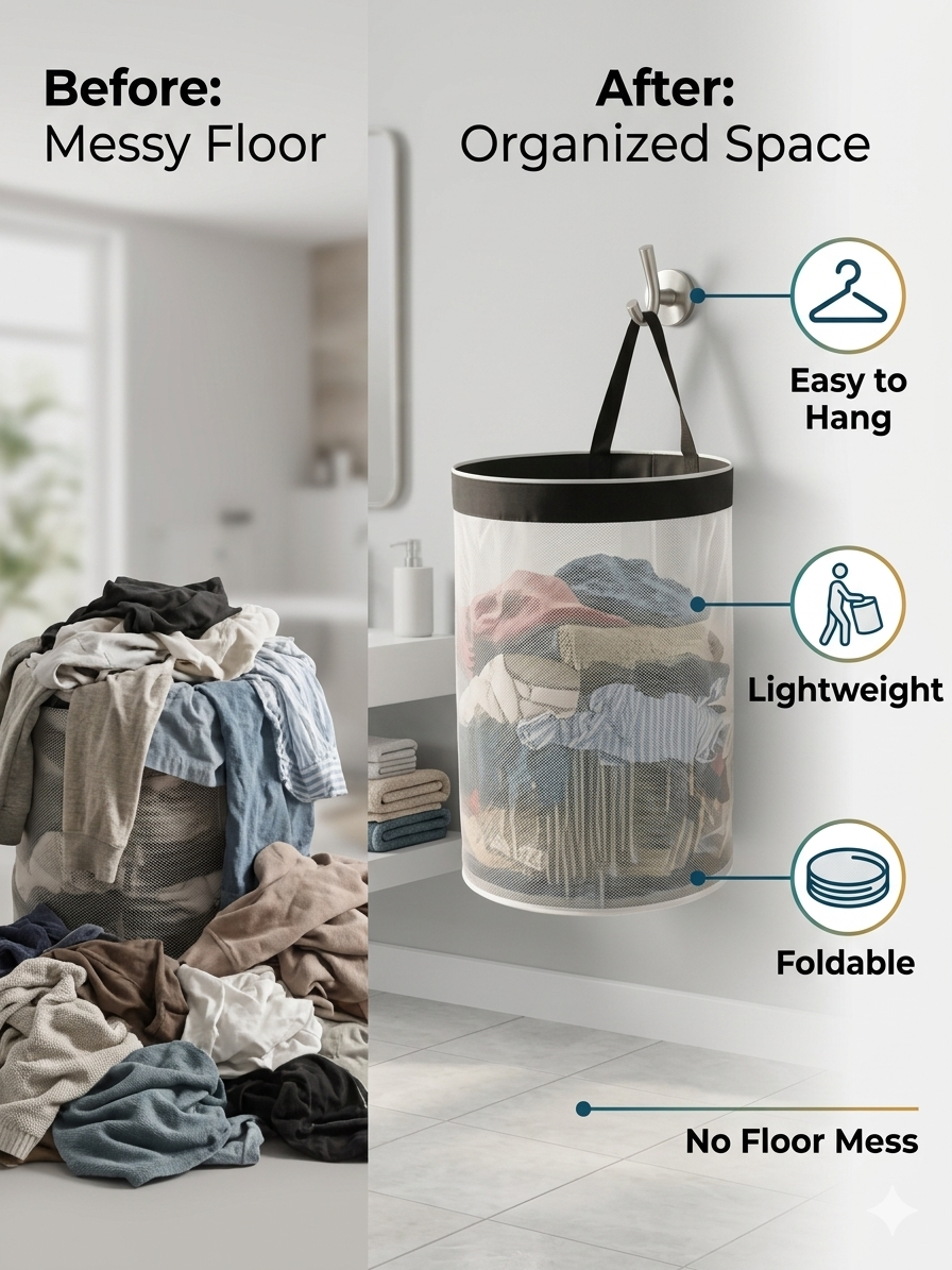 NWF Hanging Mesh Laundry Bag with Side Zipper, 100L Large Capacity Breathable Hamper, Polyester Mesh with Cotton Base & Strong Handles, Foldable Wall/Door Laundry Bag (18” Dia × 24” Height)