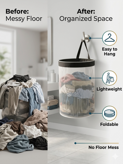 NWF Hanging Mesh Laundry Bag with Side Zipper, 100L Large Capacity Breathable Hamper, Polyester Mesh with Cotton Base & Strong Handles, Foldable Wall/Door Laundry Bag (18” Dia × 24” Height)