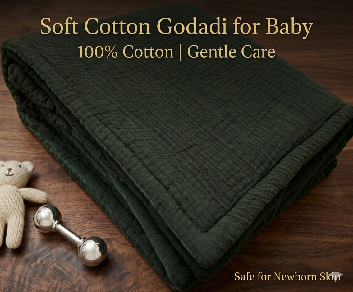 NWF Baby Cotton Godadi Sleeping Mat (34 x 34 Inch) – Soft Breathable Newborn Baby Bedding, Foldable Baby Bed, Washable Cradle Sheet & Mattress Pad (0–12 Months) - Green