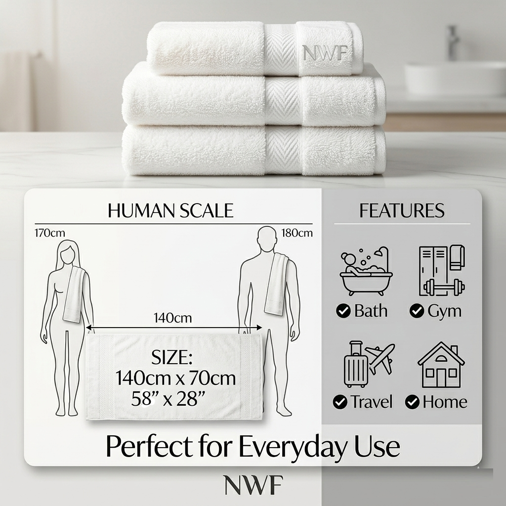 NWF Premium Cotton Bath Towel 58" x 28" | Ultra Soft, Highly Absorbent & Quick Dry | Large Size Bath Towel for Men & Women | Skin Friendly & Durable | Bathroom, Gym & Travel Use