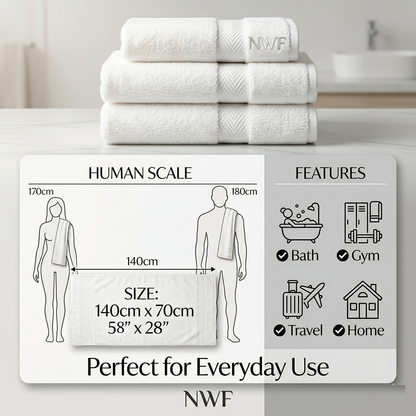 NWF Premium Cotton Bath Towel 58" x 28" | Ultra Soft, Highly Absorbent & Quick Dry | Large Size Bath Towel for Men & Women | Skin Friendly & Durable | Bathroom, Gym & Travel Use