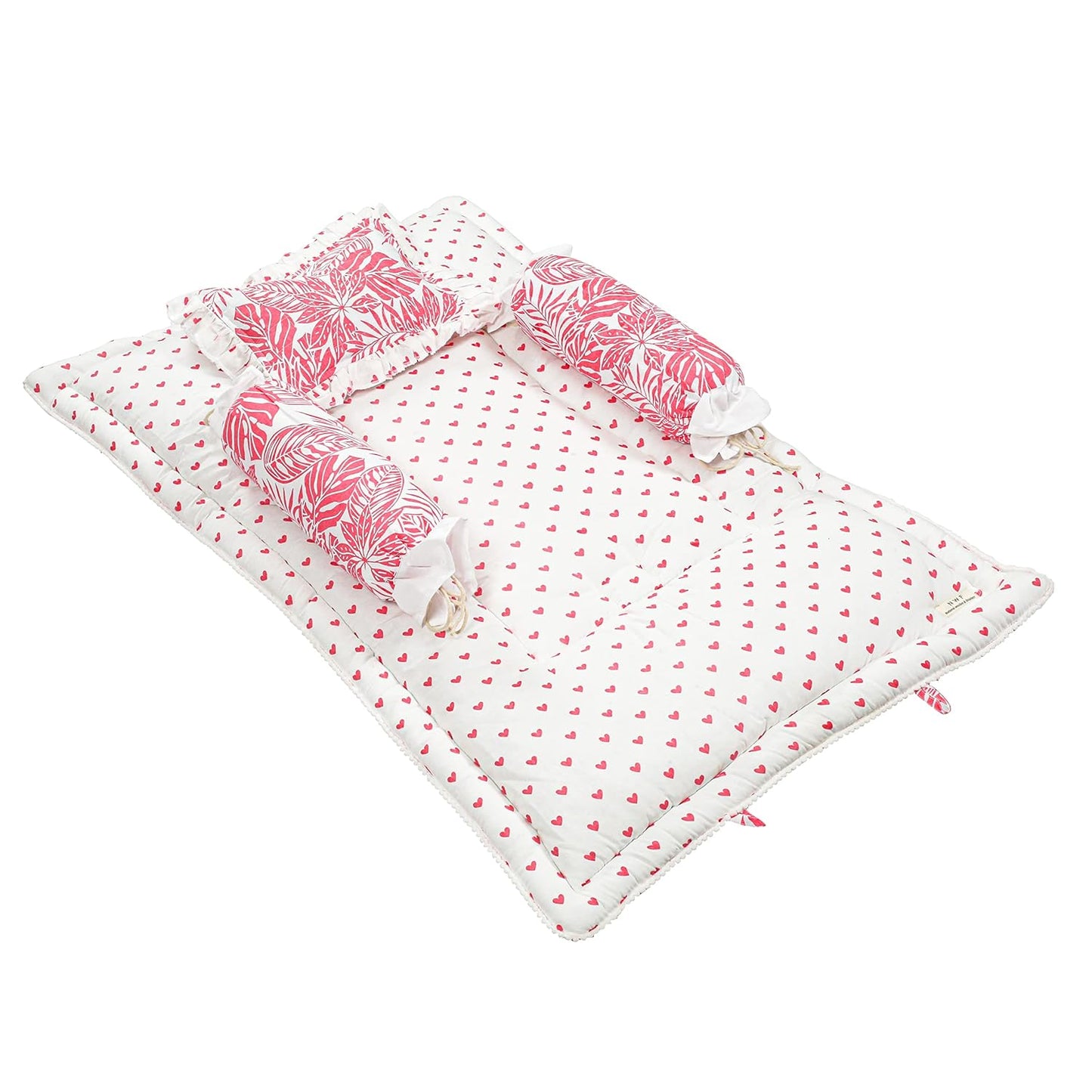Unisex Baby Bedding Set Pink Leaf | 100% Cotton Mattress, Pillow & Bolsters