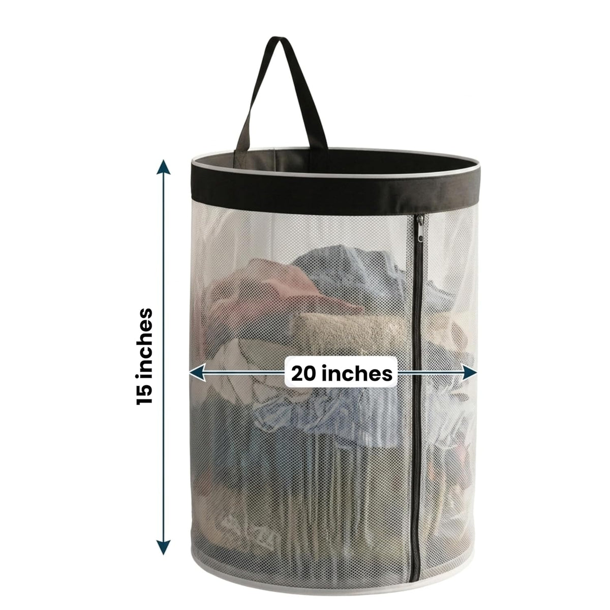NWF Hanging Mesh Laundry Bag, White with Black Trim, 55L | Side Zipper, Polyester Mesh with Cotton Base, Strong Handles, Foldable, Wall & Door Hanging