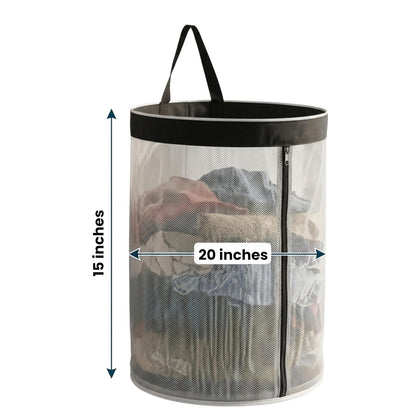 NWF Hanging Mesh Laundry Bag, White with Black Trim, 55L | Side Zipper, Polyester Mesh with Cotton Base, Strong Handles, Foldable, Wall & Door Hanging