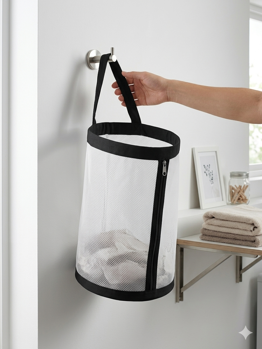 NWF Hanging Mesh Laundry Bag, White with Black Trim, 55L | Side Zipper, Polyester Mesh with Cotton Base, Strong Handles, Foldable, Wall & Door Hanging