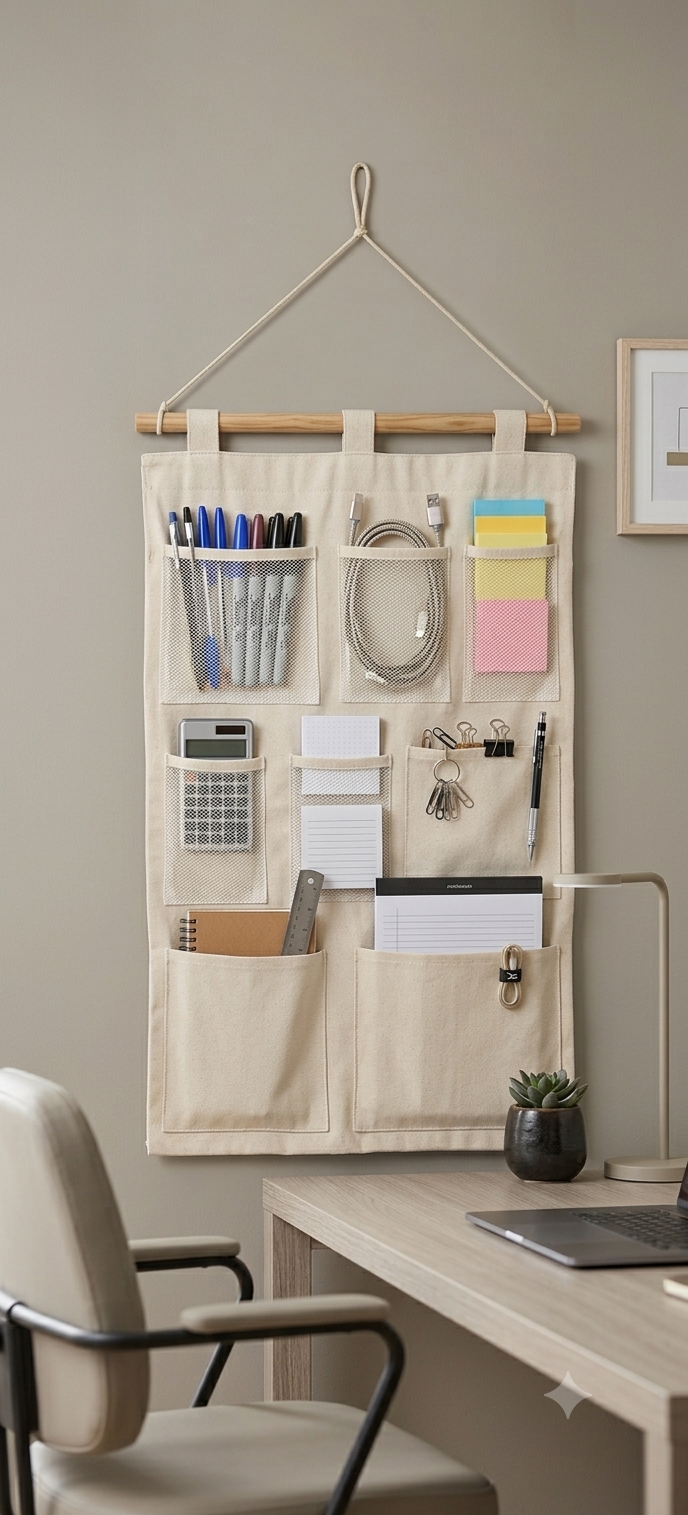 NWF 8 Pocket Wall Hanging Organizer Beige | 8 Pocket Wall Hanging Organizer, 100% Cotton, 30 x 20 Inch, Space Saving