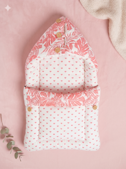 NWF 3 in 1 Baby Carry Nest & Sleeping Bag for Newborn Baby | 100% Cotton Portable Baby Bedding Set with Hood & Zip | Ultra Soft, Travel Friendly & Skin Friendly | 0-12 Months | Pink Leaf Print