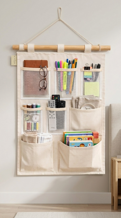 NWF 8 Pocket Wall Hanging Organizer Beige | 8 Pocket Wall Hanging Organizer, 100% Cotton, 30 x 20 Inch, Space Saving