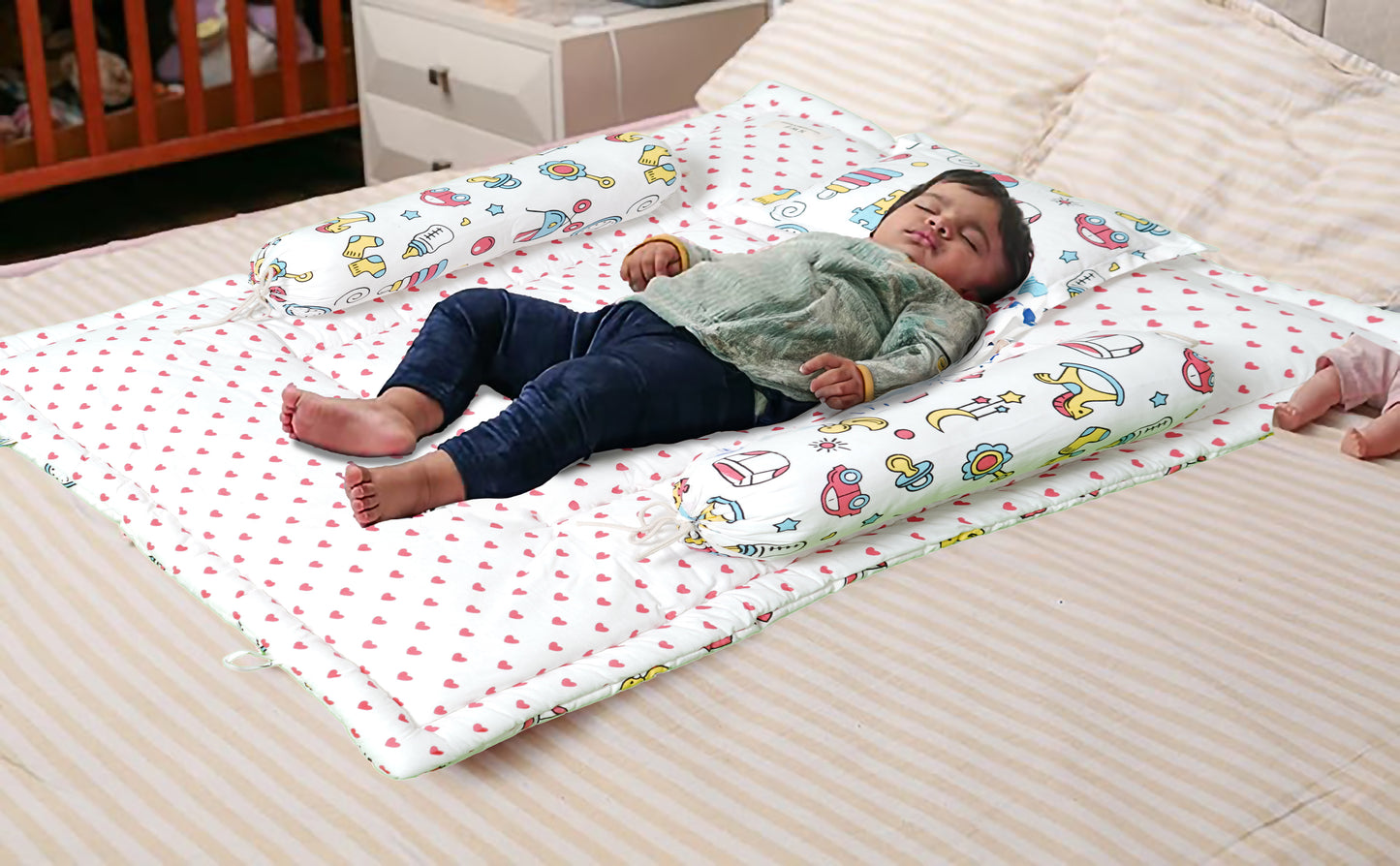 Unisex Baby Bedding Set Pink Toys Print | 100% Cotton Mattress & Bolsters