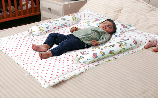 Unisex Baby Bedding Set Pink Toys Print | 100% Cotton Mattress & Bolsters