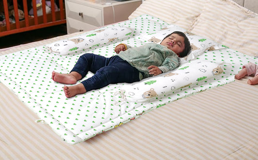 Baby Bedding Set Brown Teddy Green Tree | 100% Cotton Mattress & Bolsters