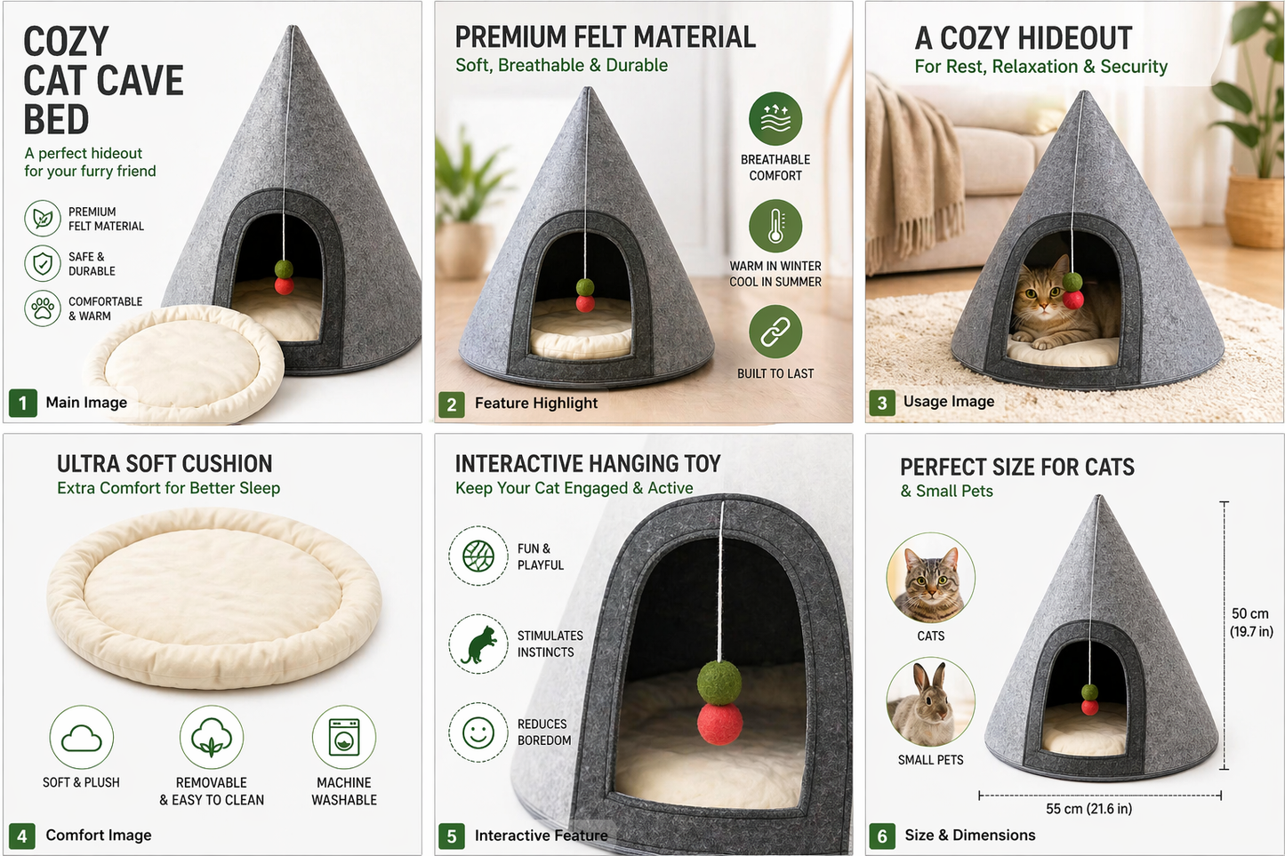 NWF Felt Cat Cave Bed with Cushion, Foldable Cat House Tent, Indoor Cat Bed Cave for Cats & Kittens, Cozy Pet Cave Bed for Small Dogs (Without Cushion)