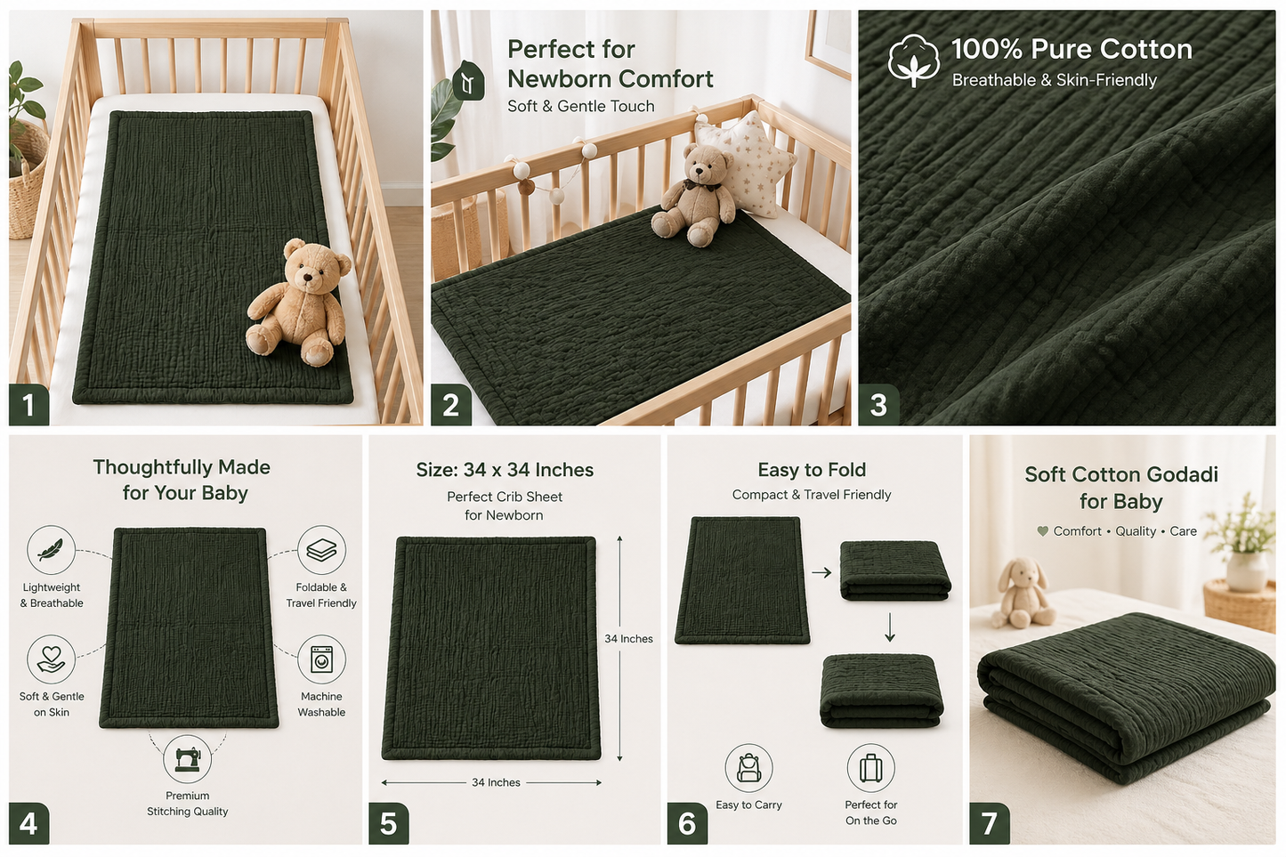 NWF Baby Cotton Godadi Sleeping Mat (34 x 34 Inch) – Soft Breathable Newborn Baby Bedding, Foldable Baby Bed, Washable Cradle Sheet & Mattress Pad (0–12 Months) - Green