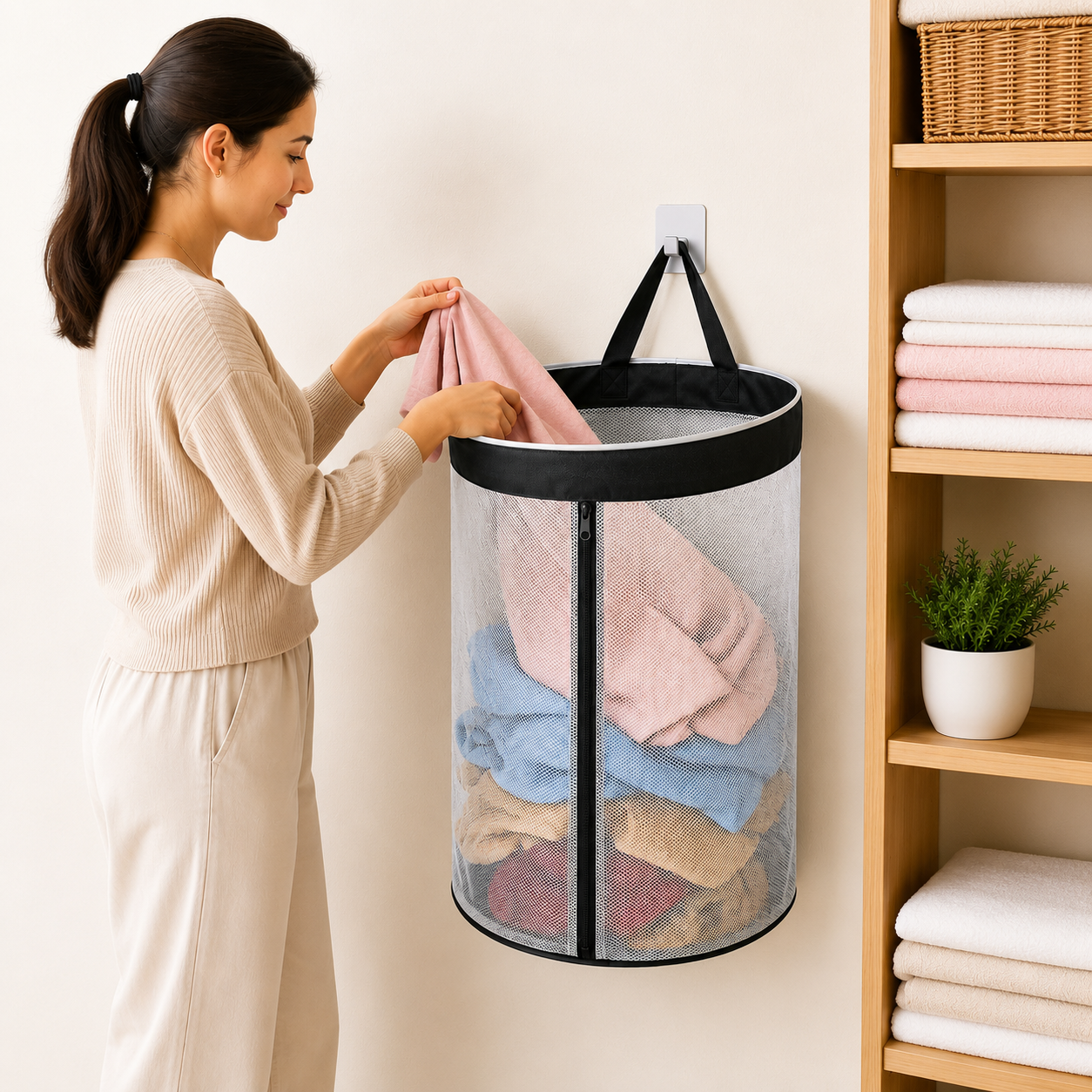 NWF Hanging Mesh Laundry Bag, White with Black Trim, 55L | Side Zipper, Polyester Mesh with Cotton Base, Strong Handles, Foldable, Wall & Door Hanging