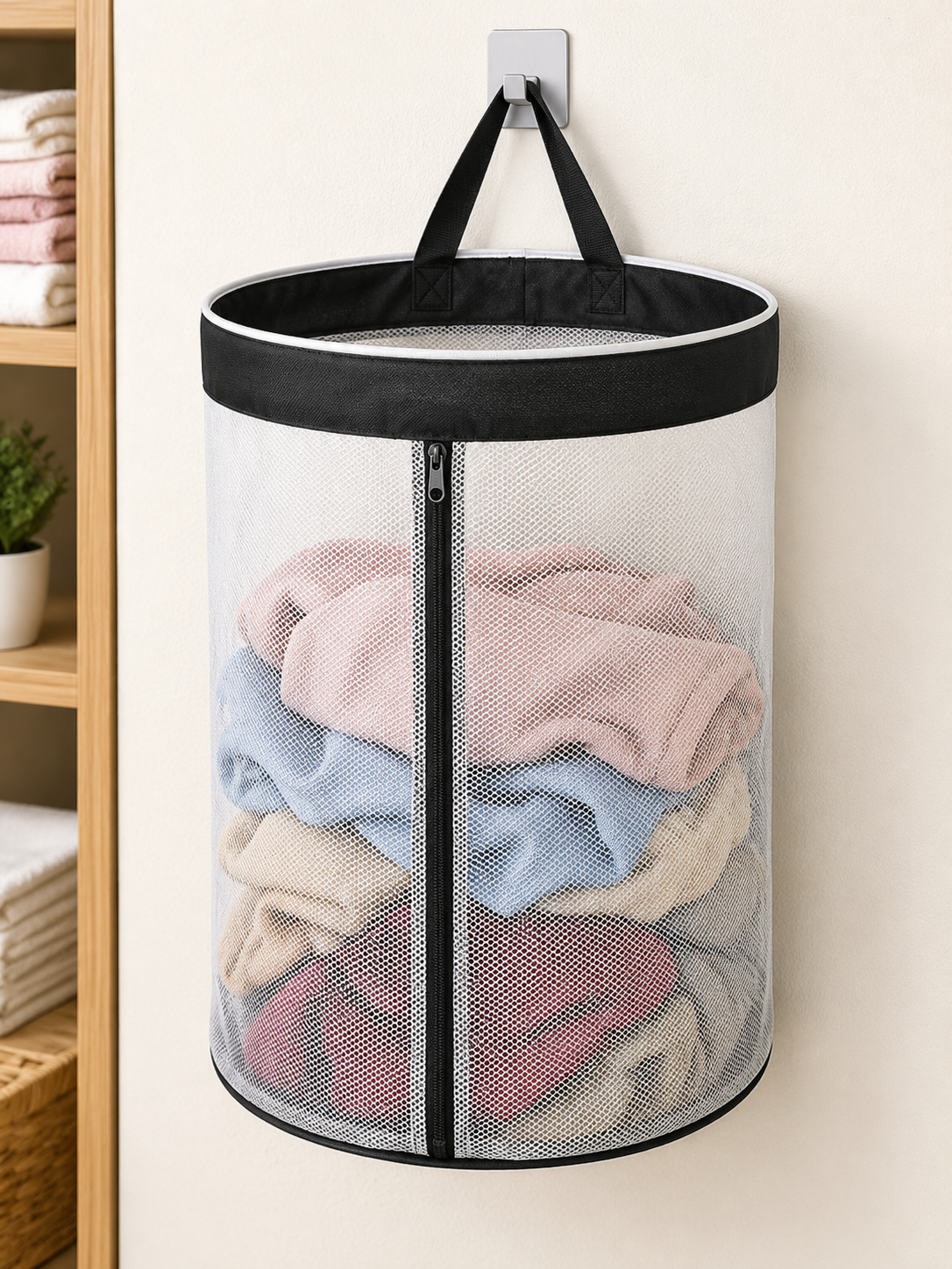 NWF Hanging Mesh Laundry Bag, White with Black Trim, 55L | Side Zipper, Polyester Mesh with Cotton Base, Strong Handles, Foldable, Wall & Door Hanging