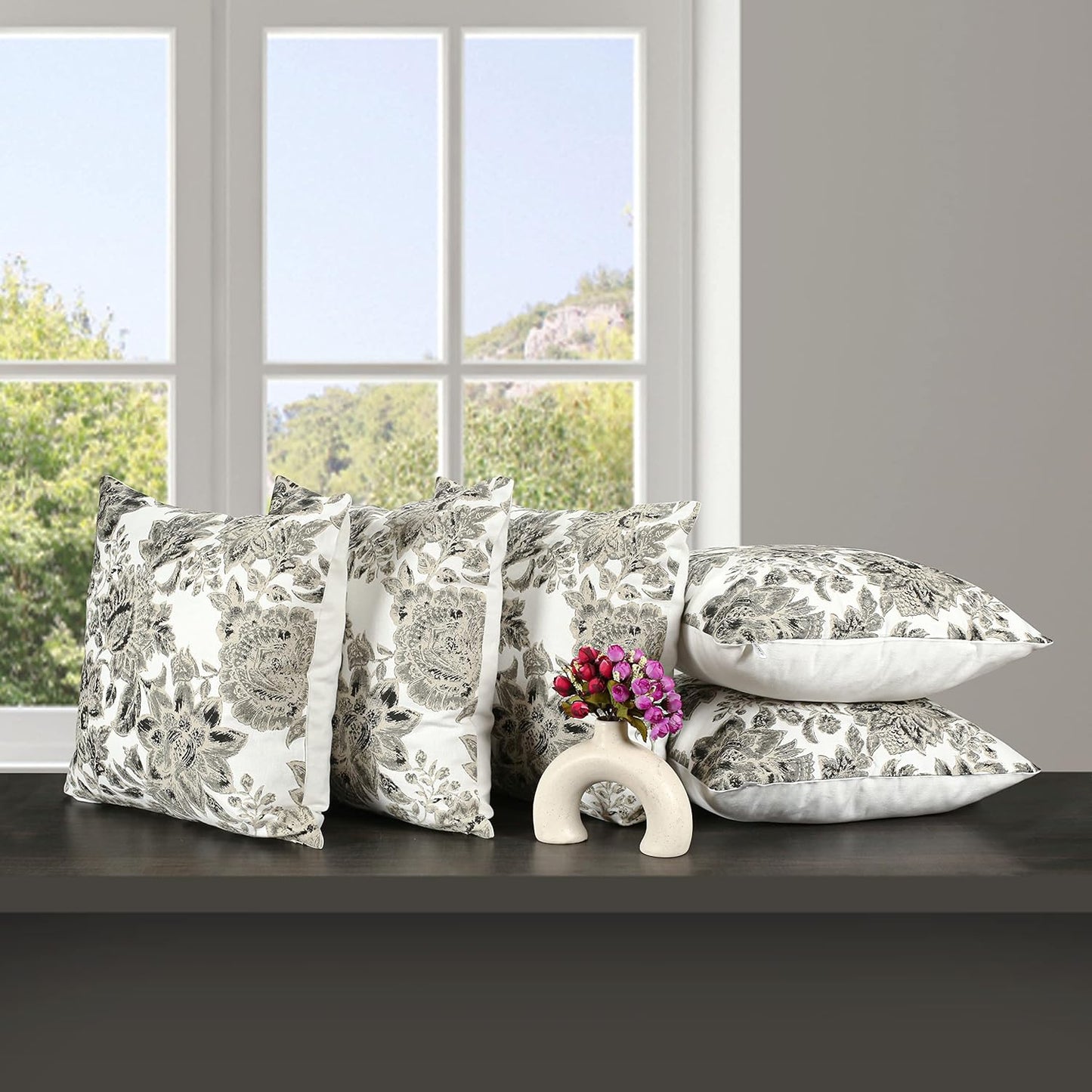 Cotton Cushion Covers Grey Flower Set of 5 | 18x18" Soft & Washable