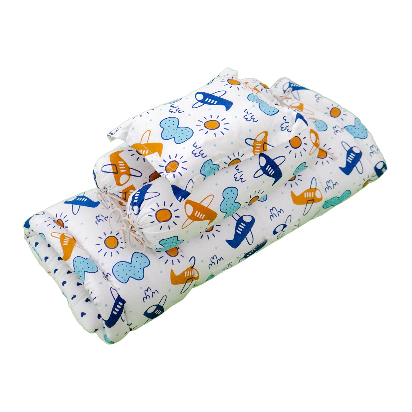 Baby Bedding Set Blue Plane Cloud | 100% Cotton Mattress Pillow Bolsters