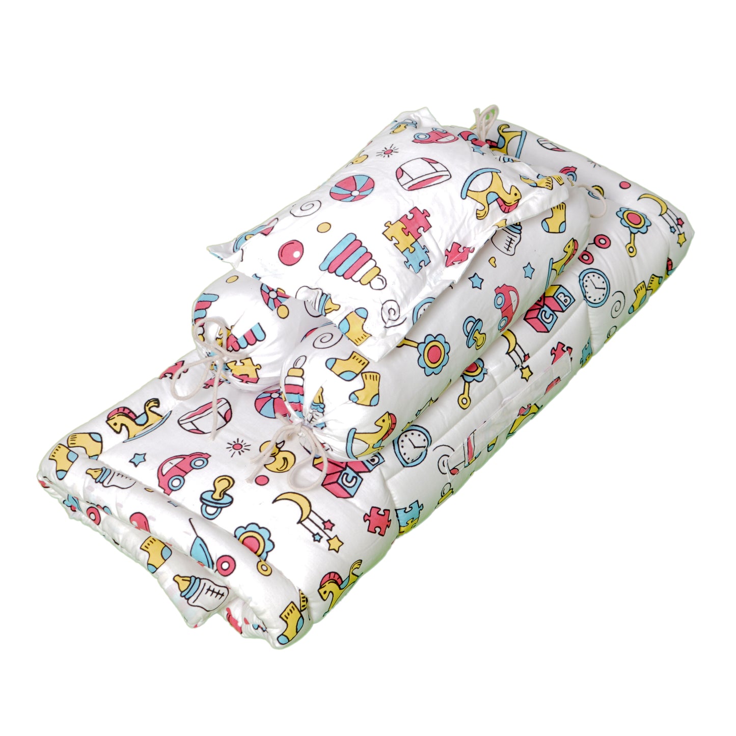 Unisex Baby Bedding Set Pink Toys Print | 100% Cotton Mattress & Bolsters