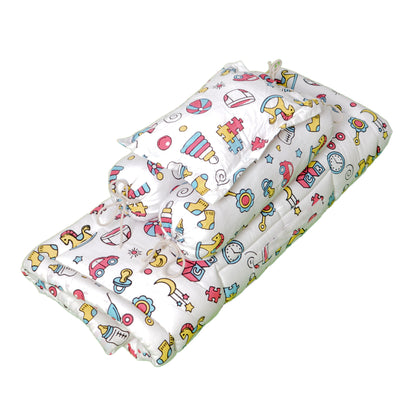 Unisex Baby Bedding Set Pink Toys Print | 100% Cotton Mattress & Bolsters