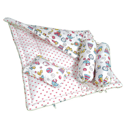 Unisex Baby Bedding Set Pink Toys Print | 100% Cotton Mattress & Bolsters