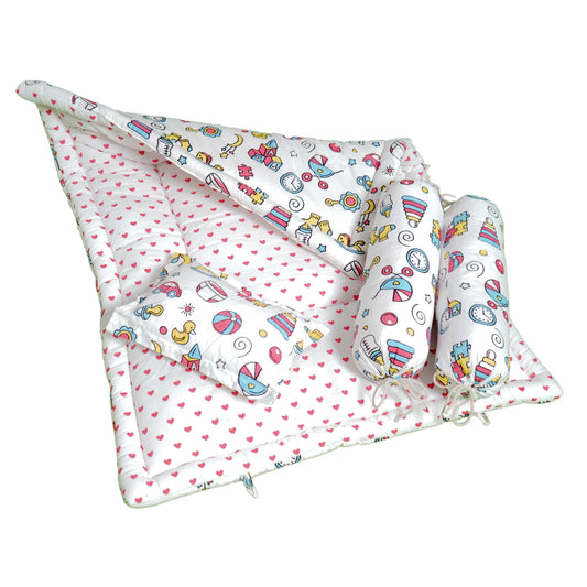 Unisex Baby Bedding Set Pink Toys Print | 100% Cotton Mattress & Bolsters
