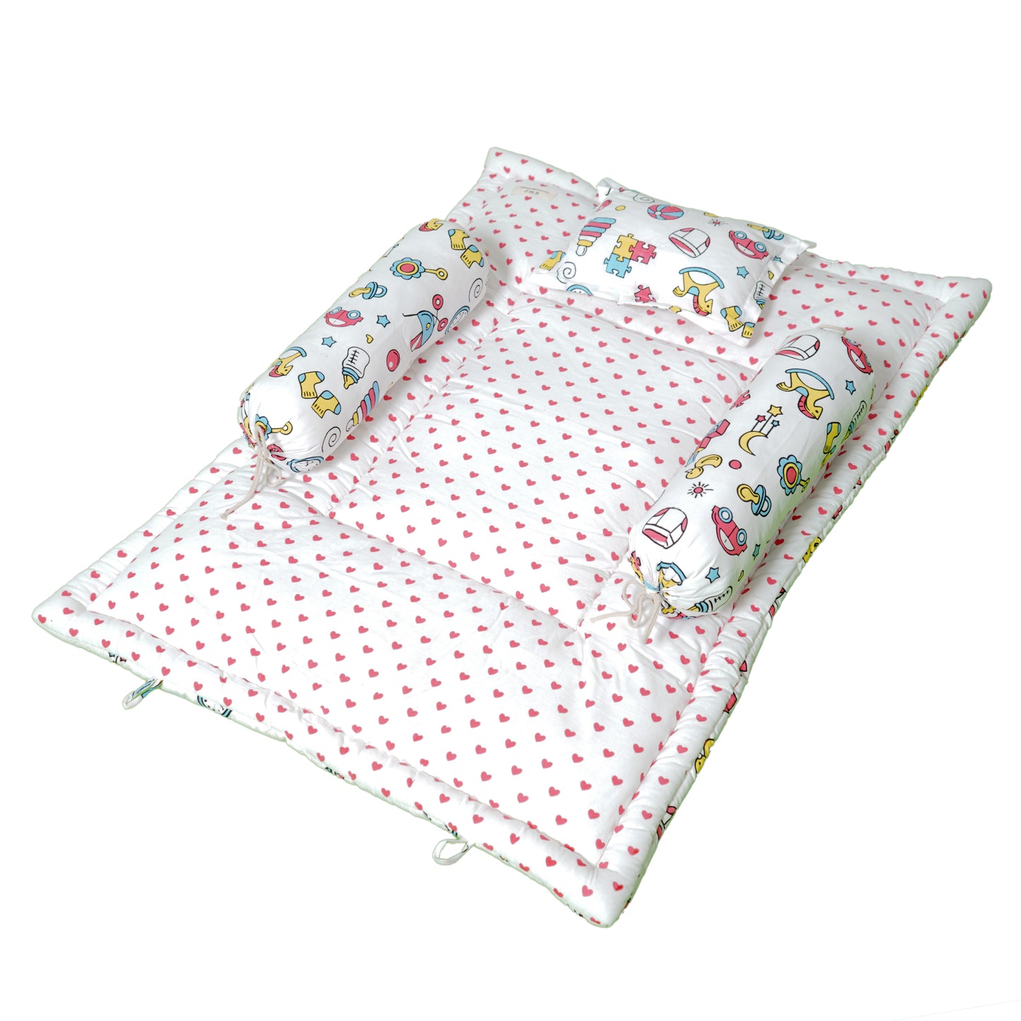 Unisex Baby Bedding Set Pink Toys Print | 100% Cotton Mattress & Bolsters