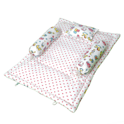 Unisex Baby Bedding Set Pink Toys Print | 100% Cotton Mattress & Bolsters