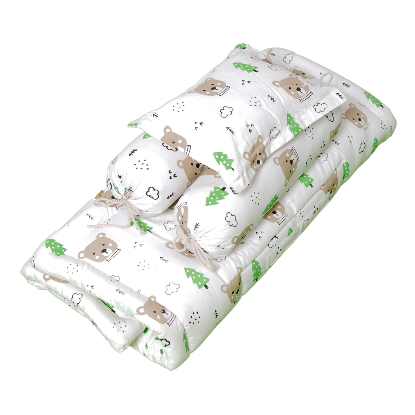 Baby Bedding Set Brown Teddy Green Tree | 100% Cotton Mattress & Bolsters
