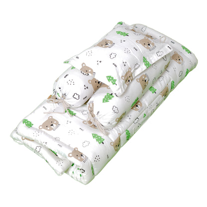 Baby Bedding Set Brown Teddy Green Tree | 100% Cotton Mattress & Bolsters