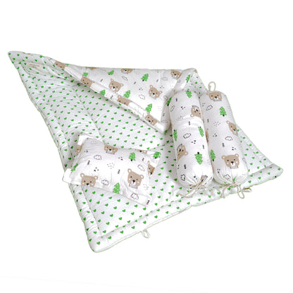 Baby Bedding Set Brown Teddy Green Tree | 100% Cotton Mattress & Bolsters