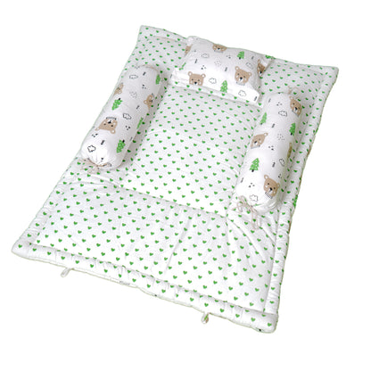 Baby Bedding Set Brown Teddy Green Tree | 100% Cotton Mattress & Bolsters
