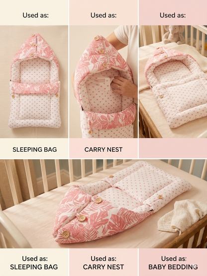 NWF 3 in 1 Baby Carry Nest & Sleeping Bag for Newborn Baby | 100% Cotton Portable Baby Bedding Set with Hood & Zip | Ultra Soft, Travel Friendly & Skin Friendly | 0-12 Months | Pink Leaf Print