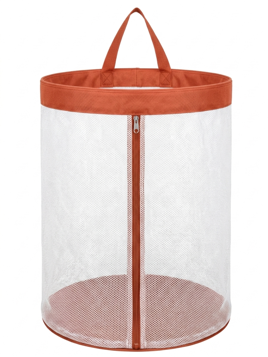 NWF Hanging Mesh Laundry Bag with Side Zipper, 100L Large Capacity Breathable Hamper, Polyester Mesh with Cotton Base & Strong Handles, Foldable Wall/Door Laundry Bag (18” Dia × 24” Height)