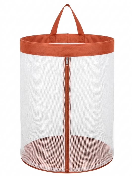 NWF Hanging Mesh Laundry Bag with Side Zipper, 100L Large Capacity Breathable Hamper, Polyester Mesh with Cotton Base & Strong Handles, Foldable Wall/Door Laundry Bag (18” Dia × 24” Height)