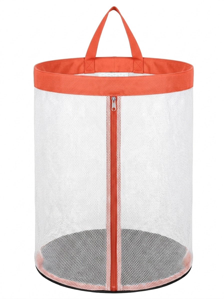 NWF Hanging Mesh Laundry Bag with Side Zipper, 100L Large Capacity Breathable Hamper, Polyester Mesh with Cotton Base & Strong Handles, Foldable Wall/Door Laundry Bag (18” Dia × 24” Height)