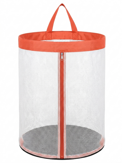 NWF Hanging Mesh Laundry Bag with Side Zipper, 100L Large Capacity Breathable Hamper, Polyester Mesh with Cotton Base & Strong Handles, Foldable Wall/Door Laundry Bag (18” Dia × 24” Height)
