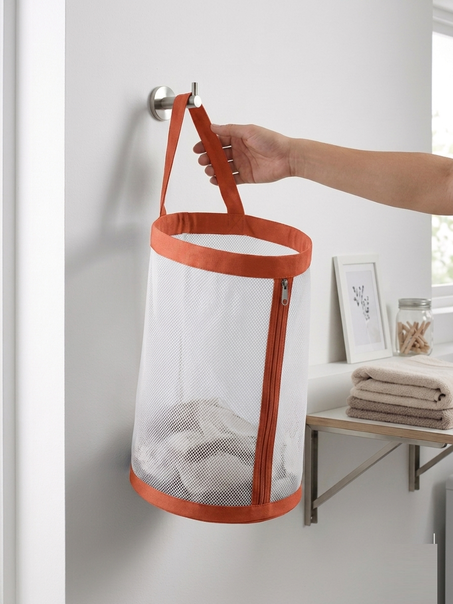 NWF Hanging Mesh Laundry Bag with Side Zipper, 100L Large Capacity Breathable Hamper, Polyester Mesh with Cotton Base & Strong Handles, Foldable Wall/Door Laundry Bag (18” Dia × 24” Height)