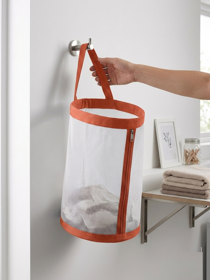 NWF Hanging Mesh Laundry Bag with Side Zipper, 100L Large Capacity Breathable Hamper, Polyester Mesh with Cotton Base & Strong Handles, Foldable Wall/Door Laundry Bag (18” Dia × 24” Height)