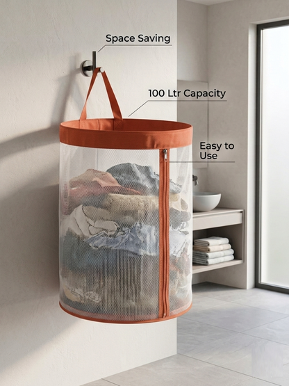 NWF Hanging Mesh Laundry Bag with Side Zipper, 100L Large Capacity Breathable Hamper, Polyester Mesh with Cotton Base & Strong Handles, Foldable Wall/Door Laundry Bag (18” Dia × 24” Height)