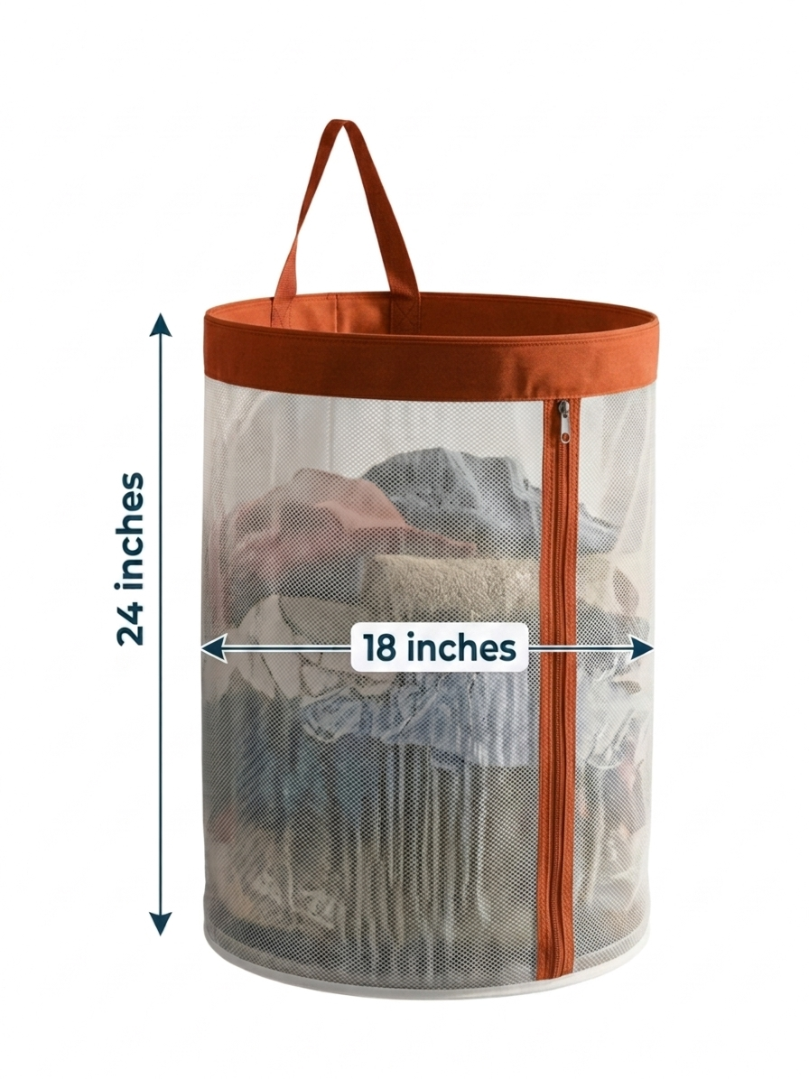 NWF Hanging Mesh Laundry Bag with Side Zipper, 100L Large Capacity Breathable Hamper, Polyester Mesh with Cotton Base & Strong Handles, Foldable Wall/Door Laundry Bag (18” Dia × 24” Height)