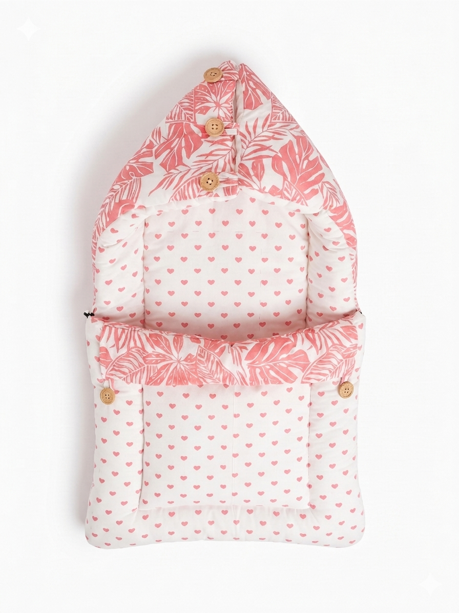 NWF 3 in 1 Baby Carry Nest & Sleeping Bag for Newborn Baby | 100% Cotton Portable Baby Bedding Set with Hood & Zip | Ultra Soft, Travel Friendly & Skin Friendly | 0-12 Months | Pink Leaf Print