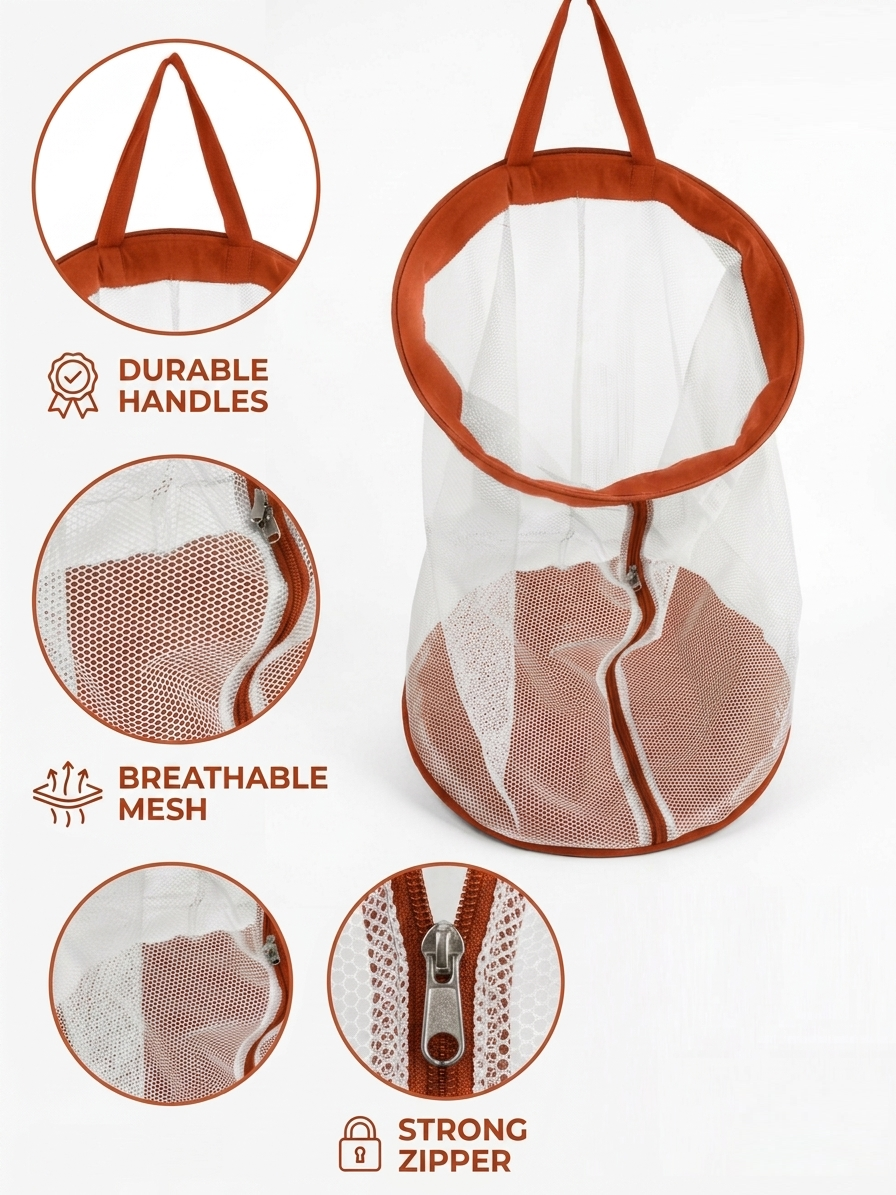 NWF Hanging Mesh Laundry Bag with Side Zipper, 100L Large Capacity Breathable Hamper, Polyester Mesh with Cotton Base & Strong Handles, Foldable Wall/Door Laundry Bag (18” Dia × 24” Height)