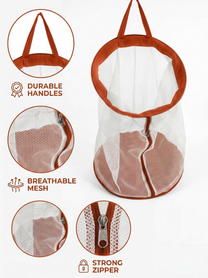 NWF Hanging Mesh Laundry Bag with Side Zipper, 100L Large Capacity Breathable Hamper, Polyester Mesh with Cotton Base & Strong Handles, Foldable Wall/Door Laundry Bag (18” Dia × 24” Height)