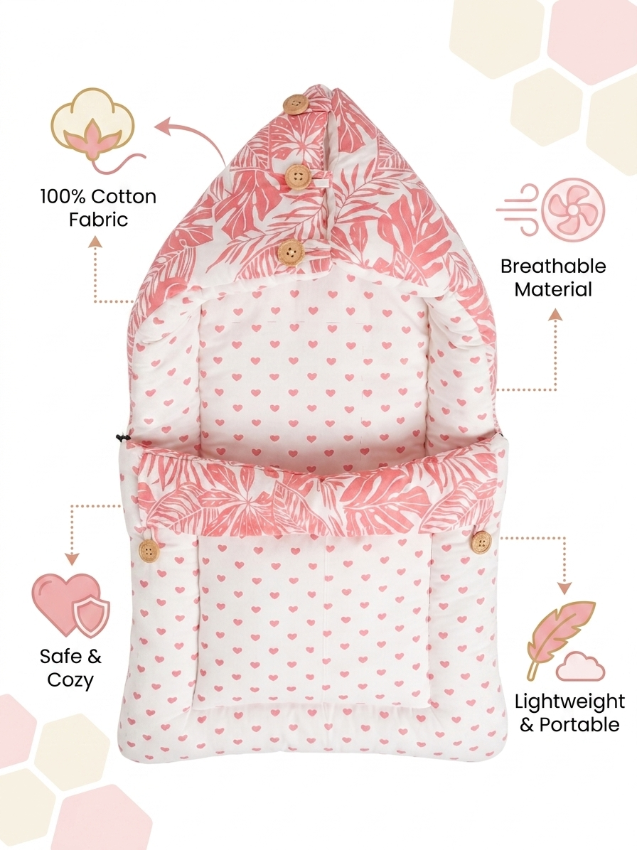NWF 3 in 1 Baby Carry Nest & Sleeping Bag for Newborn Baby | 100% Cotton Portable Baby Bedding Set with Hood & Zip | Ultra Soft, Travel Friendly & Skin Friendly | 0-12 Months | Pink Leaf Print